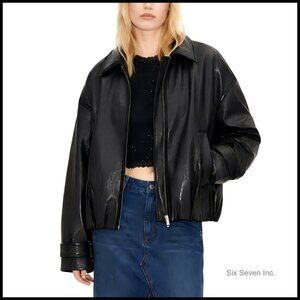 Oversized Faux Leather Bomber Jacket Zip Up Aviator Flight Coat Relaxed Fit